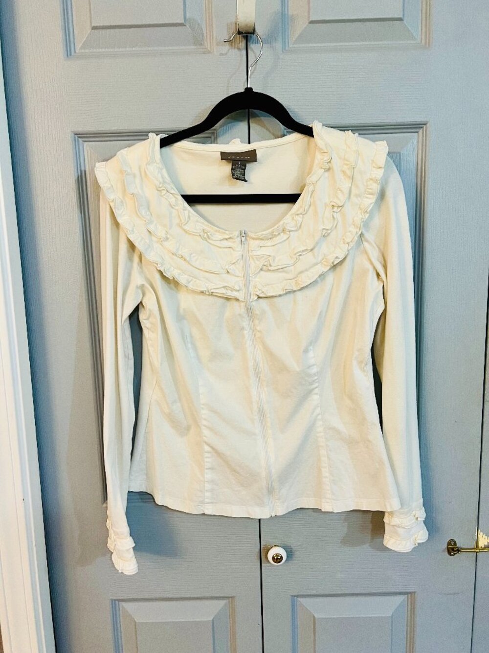 White Ruffled Zip Top by Kenar / Stretchy